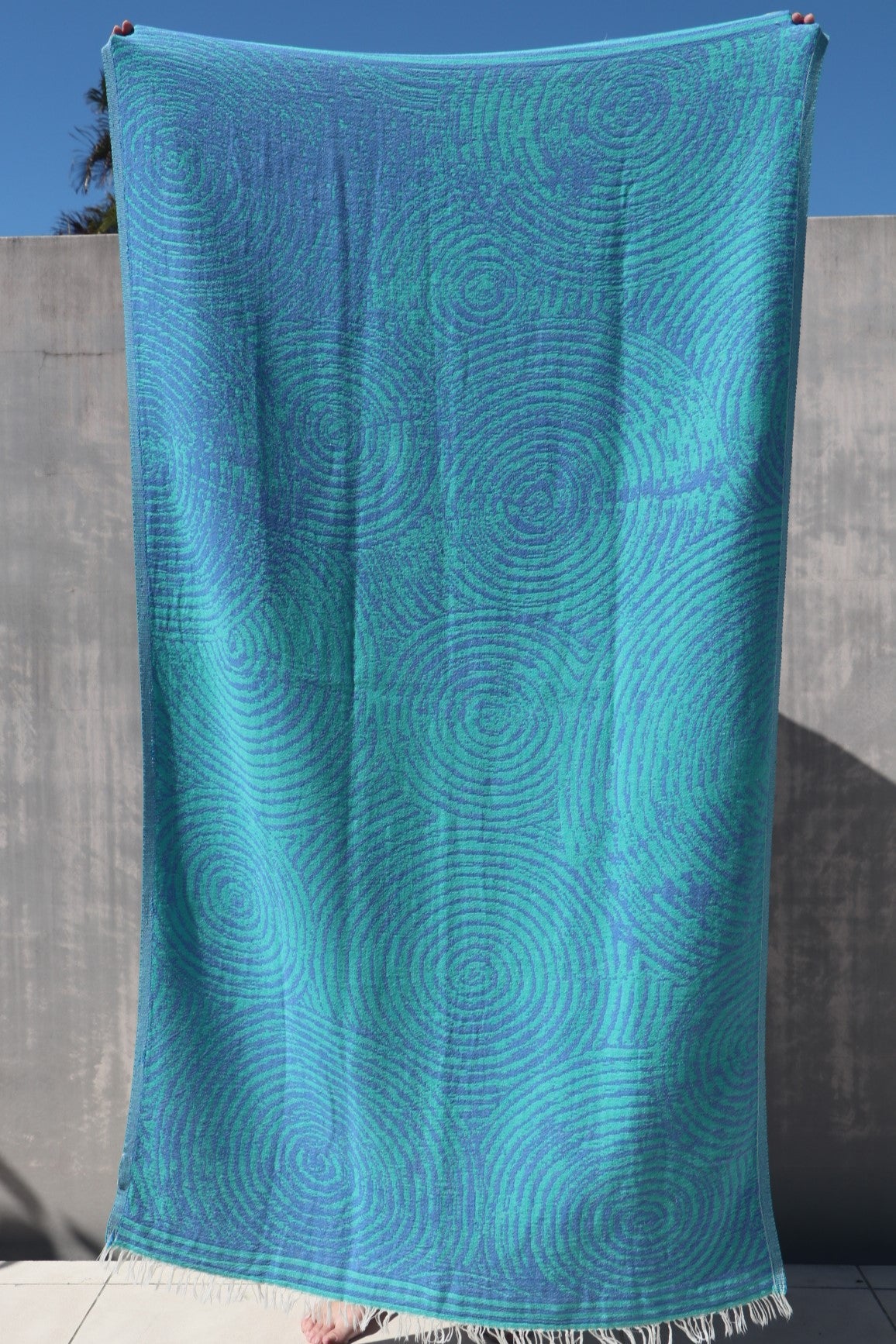 full length image of the newport turkish towel green and blue