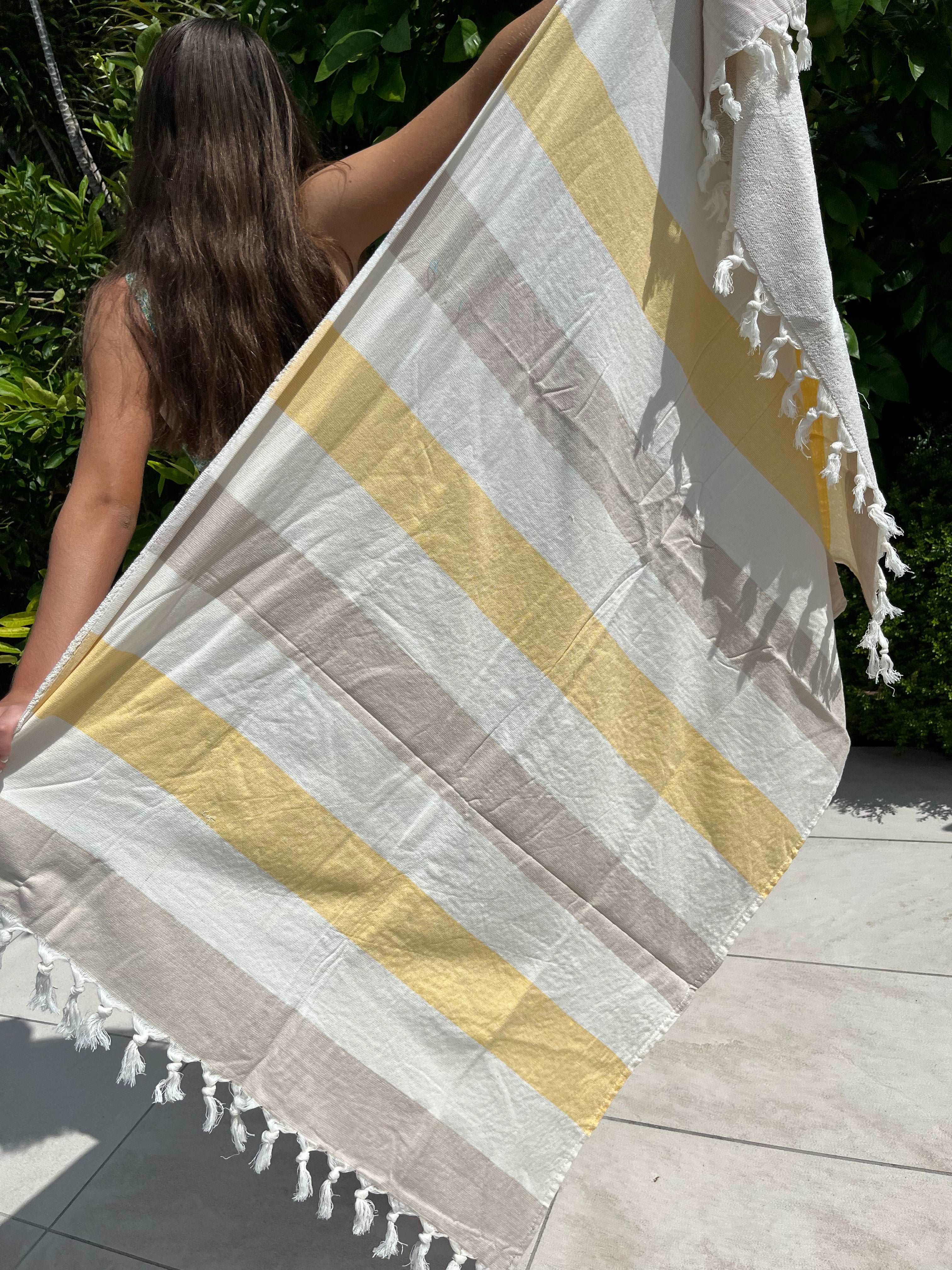 Manly Turkish beach towel with terry back Yellow Beige Pippah